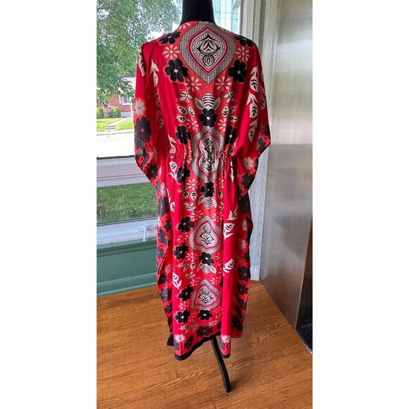 Vintage 80s muumuu, red, coral, black white floral, nylon hostess dress, cinched - Picture 5 of 9